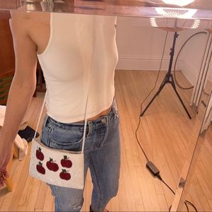White beaded small shoulder / crossbody handbag with apples - cute